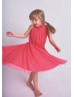 High Neck Fuchsia Tulle Tea Length Flower Girl Dress